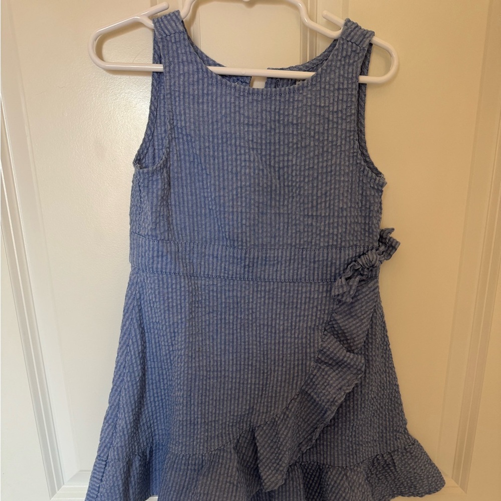Gorgeous seersucker sky blue faux wrap ruffle dress